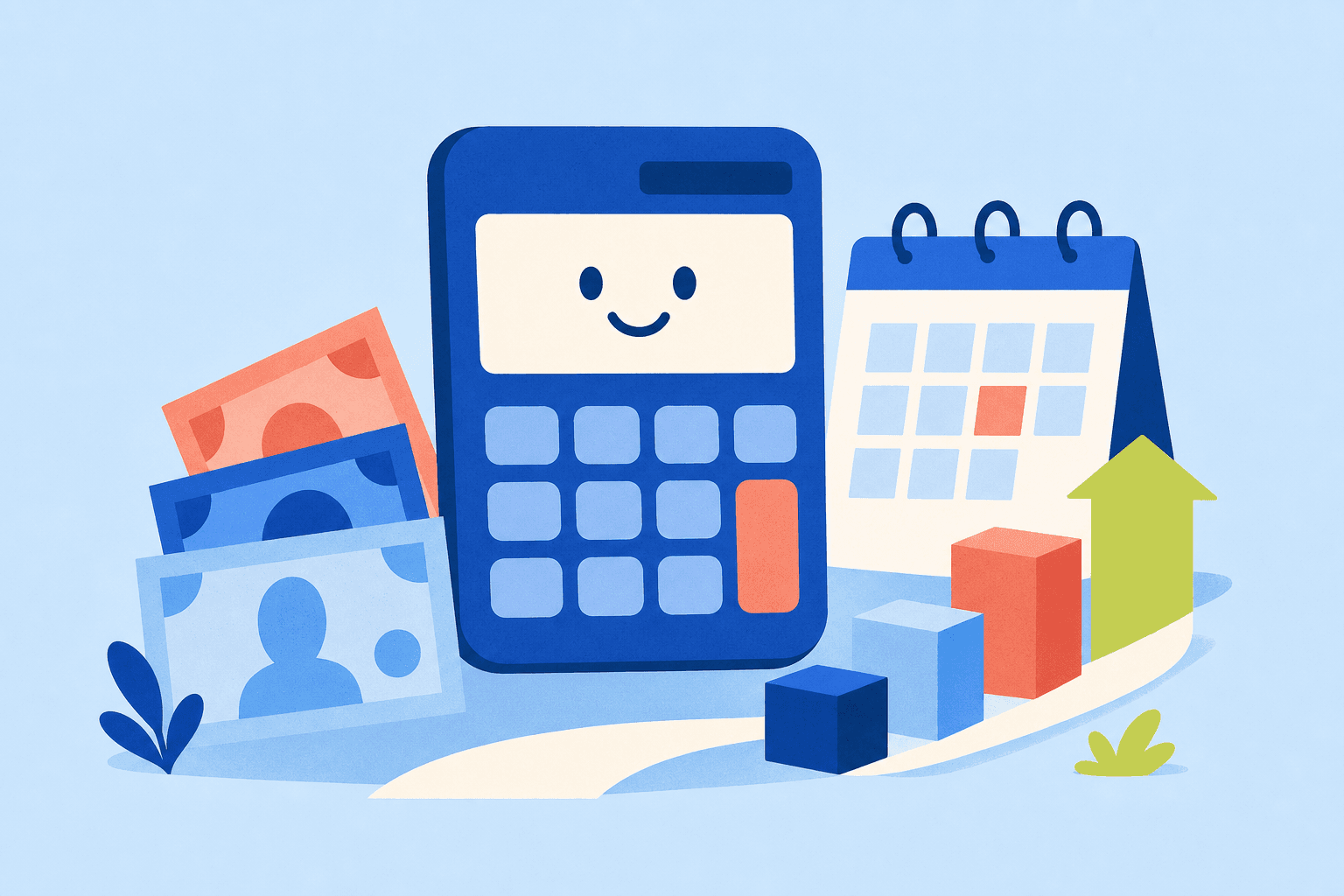 Flat illustration of a friendly calculator, calendar, abstract money, and a growth path